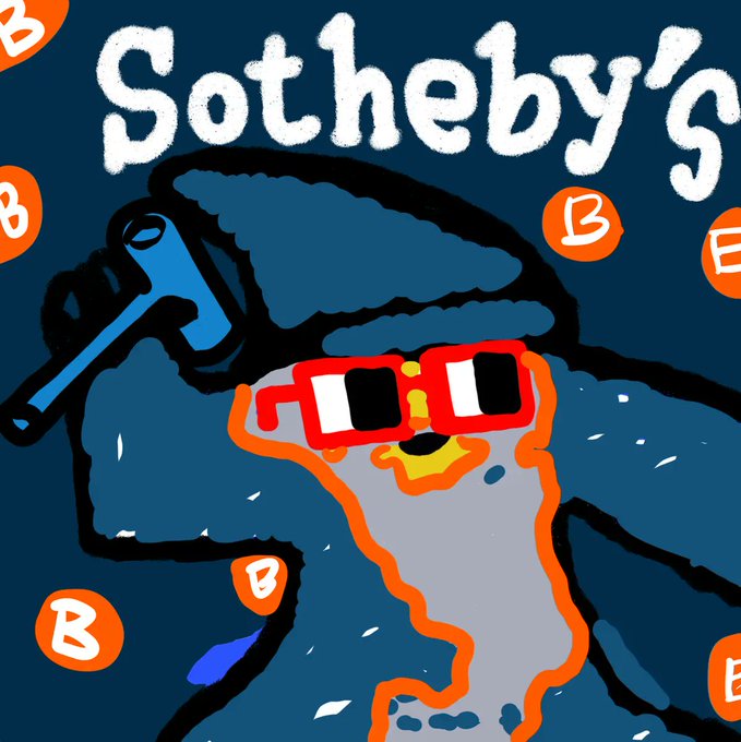 A digital artwork parodying Sotheby's auction branding, featuring a stylized figure with red glasses, blue hat, and orange Bitcoin logo accents.
