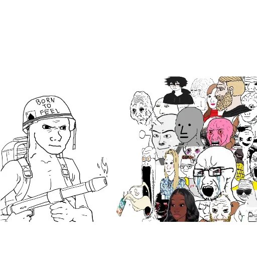 The image features a white background with various cartoon faces, including some of those from the GM Born to feel series. In the foreground, there's an illustration of a man holding a gun, while behind him, another man is seen smoking a pipe. The text in the image reads "GM Born to feel Forced to watch the noise Still choosing conviction While the crowd chases the next shiny thing, some of us are building the patience that creates life-changing candles The timeline will laugh before it applauds $WOJAK believers know the difference Stay."
