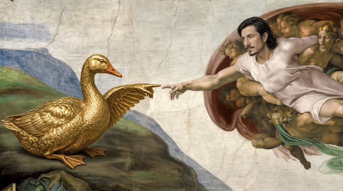 A creative edit combining a golden duck sculpture touching fingers with a figure resembling Adam, styled after Michelangelo's Creation of Adam painting.