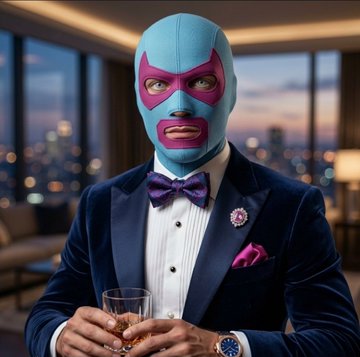 A man wearing a blue and pink wrestling mask, a navy velvet tuxedo with a purple bow tie, and a lapel pin holds a glass in a luxurious high-rise room with a city skyline at dusk.