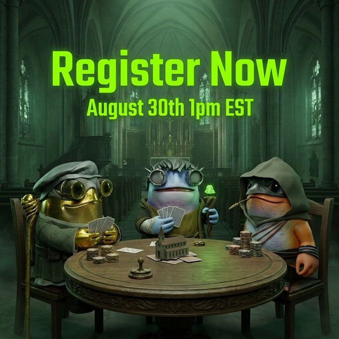 An advertisement with green text 'Register Now August 30th 1pm EST' featuring three frog characters playing cards at a round table in a gothic cathedral.