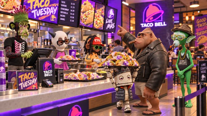 A vibrant Taco Bell promotional image features various stylized characters at a counter with "TACO TUESDAY" and "LIVE MÁS" branding.