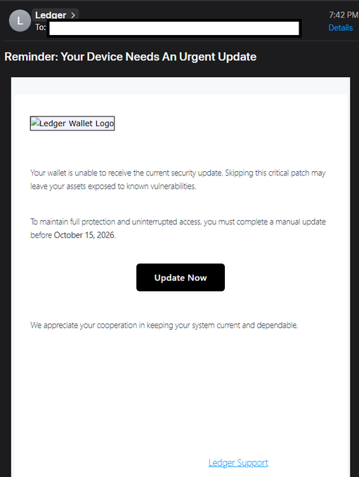 A phishing email styled as a Ledger wallet security update, urging the recipient to manually update by October 15, 2026, via an 'Update Now' button.