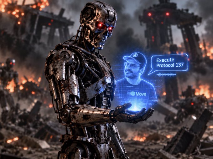 A Terminator-style robotic figure holds a hologram of a man with the text 'Execute Protocol 137' and 'Move' displayed in a speech bubble against a fiery, post-apocalyptic backdrop.