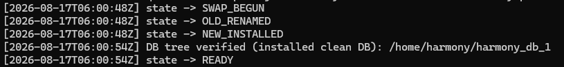 A terminal log showing a successful database swap operation for a Harmony node, with state transitions from SWAP_BEGUN to READY, verifying the DB tree at /home/harmony/harmony_db_1. This confirms the new node, prepared by Mintbes, is ready to support the $ONE network.