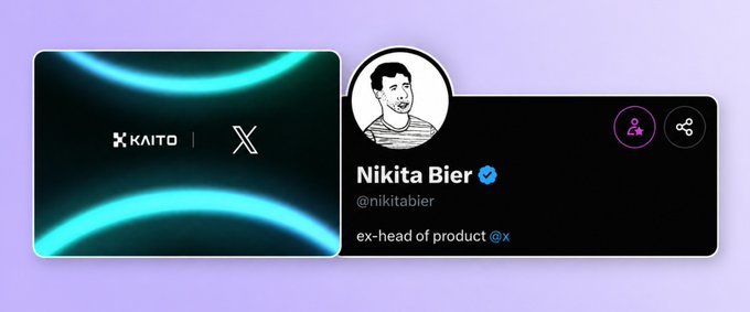 An X/Twitter profile card shows Nikita Bier (@nikitabier) described as 'ex-head of product @x' with a KAITO banner image.