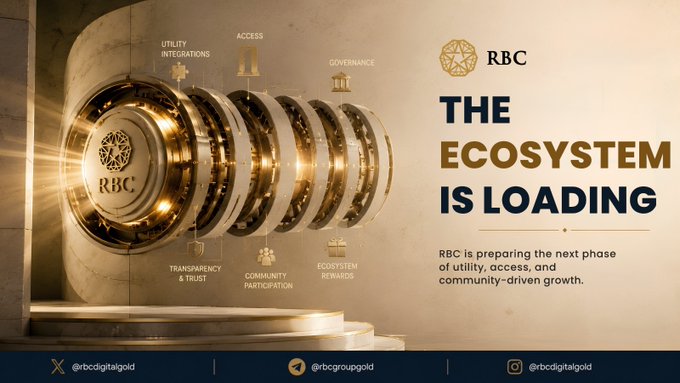 A promotional graphic for RBC features a golden vault door alongside the headline "THE ECOSYSTEM IS LOADING," with labels highlighting Utility Integrations, Access, Governance, Transparency & Trust, Community Participation, and Ecosystem Rewards. The accompanying text emphasizes that the token launch is just the starting point for RBC's broader vision of utility, access, participation, and community-driven growth.