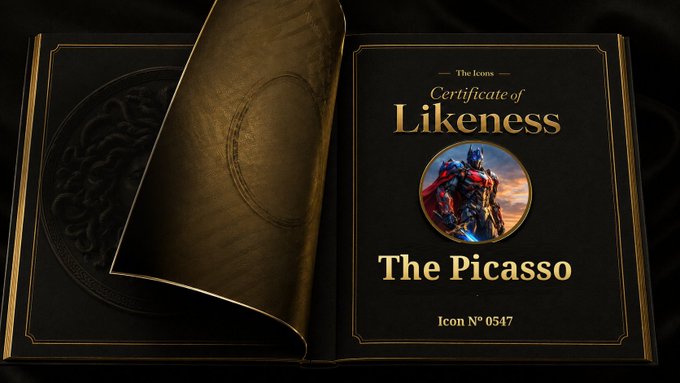 An elegant certificate of likeness for 'The Picasso' (Icon N° 0547) from 'The Icons', displayed as an open black and gold book revealing a circular portrait of a character.