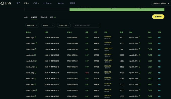 A screenshot of a cryptocurrency trading interface (Lnfi) in Chinese, showing an order history table with various trades listed including note_t logo, note1_mkqx, and others, with timestamps from 2026-07-14.