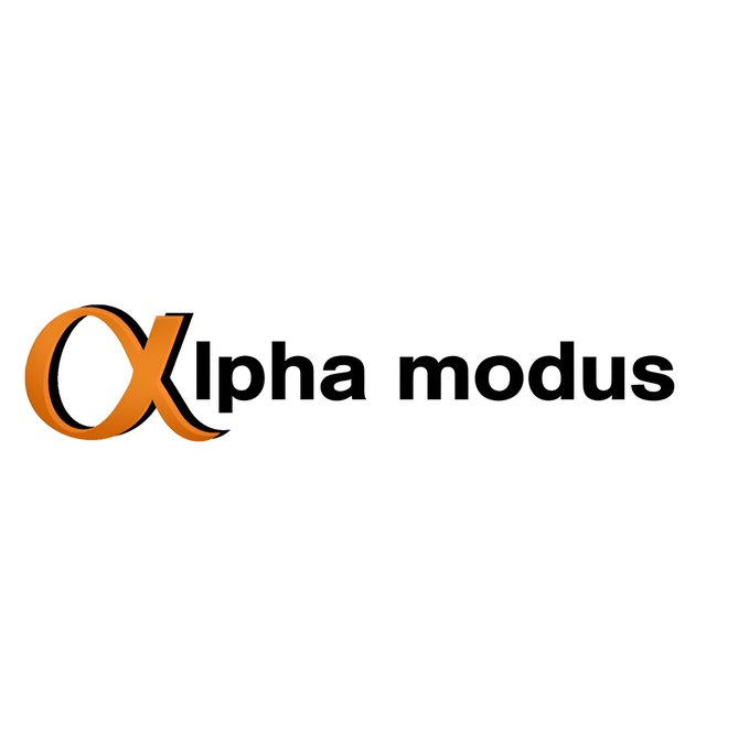 A white-background logo reads “Alpha modus,” with a stylized orange Greek alpha symbol beside the black lowercase text.