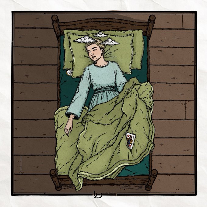 An overhead view illustration of a person sleeping in a bed with a green blanket and pillow, holding a smartphone, with small cloud illustrations above their head.