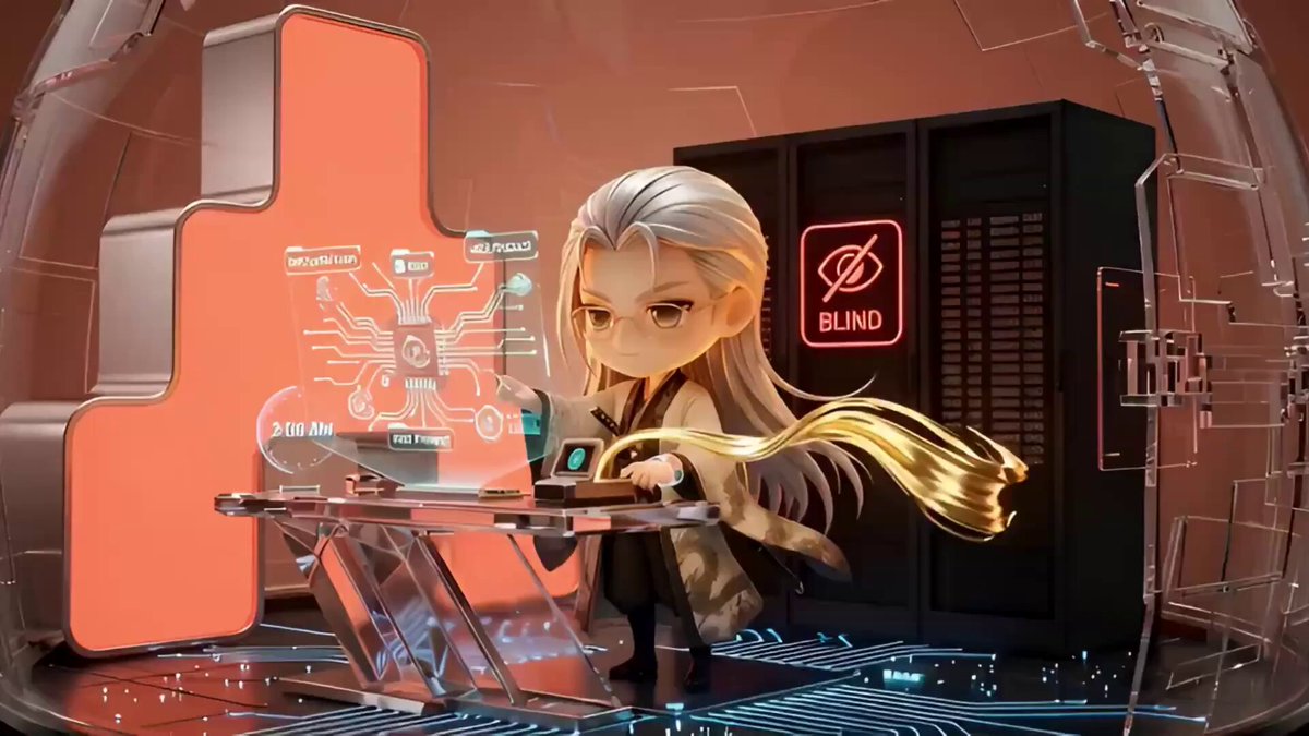 In the image, there's a cartoon character with blonde hair standing next to a computer desk. The character appears to be using a laptop or a desktop computer that has a neon sign above it. The character seems to be engaged in some sort of activity on the computer screen. The background features a glass wall and a server room filled with servers, which are connected by cables. There is also an orange and black logo visible in the image.