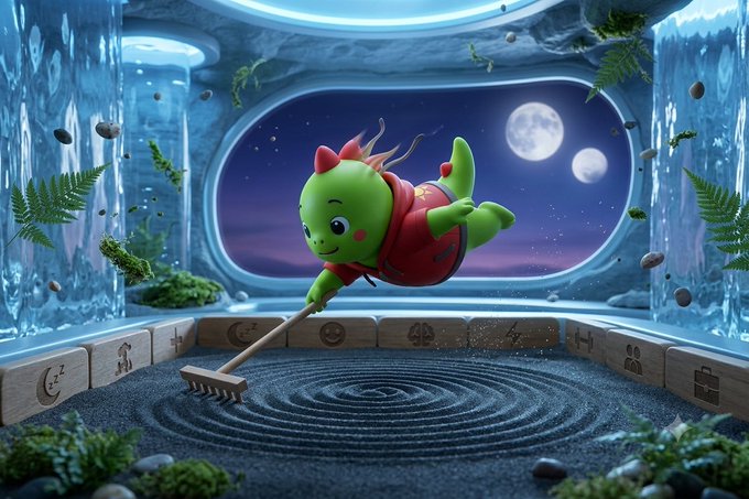 A whimsical 3D rendering shows a green character in a red outfit raking patterns into a zen garden of dark sand inside a cave-like room with a view of two moons.
