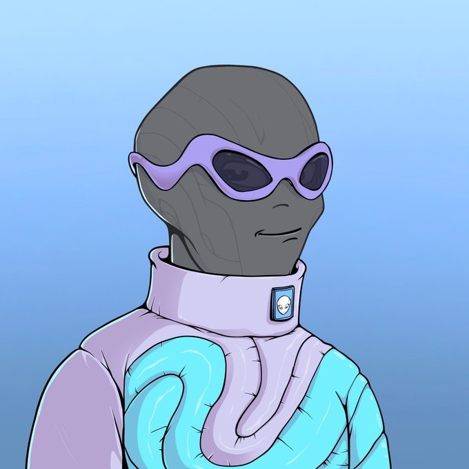 Illustration of an alien-like character wearing purple sunglasses and a light purple and teal outfit against a blue background.