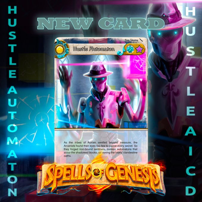 The image features a new card from the game Spells of Genesis. The card has a man dressed as a robot, wearing a hat with a neon pink glow, standing next to a building that says "Hustle Automaton". The background is dark blue, and there are two texts in the image - one reading "New SoG card" and another saying "Focus on what is in the image and how it relates to the post."