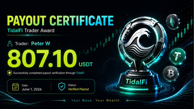 The image features a poster or advertisement with the title "payout certificate" written at the top, followed by an image of a trophy and the words " trader" underneath. Below this is the description of the Payout Certificate which reads: "Trader Peter W. has successfully completed his payment through verification and transparency in trading. He has reached USDT and has been paidouts. Congrats to him on that he won't just want funding accounts but wants clear rules, fair review and payouts they can trust. That's what payout proof is for. Your Wave. Your Wealth #TidalFi #PropTrading". The image also contains the words " trader" and " payment through verification", further emphasizing the connection to the advertisement and its theme of payment and trading.