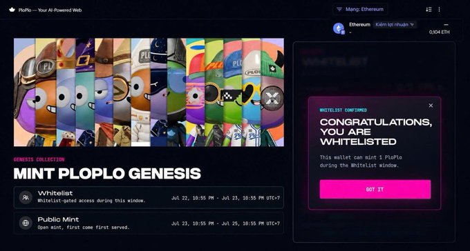 A screenshot of the PloPlo NFT minting page showing 'MINT PLOPLO GENESIS' with character artwork, and a 'WHITELIST CONFIRMED' notification reading 'CONGRATULATIONS, YOU ARE WHITELISTED' next to an Ethereum wallet address.