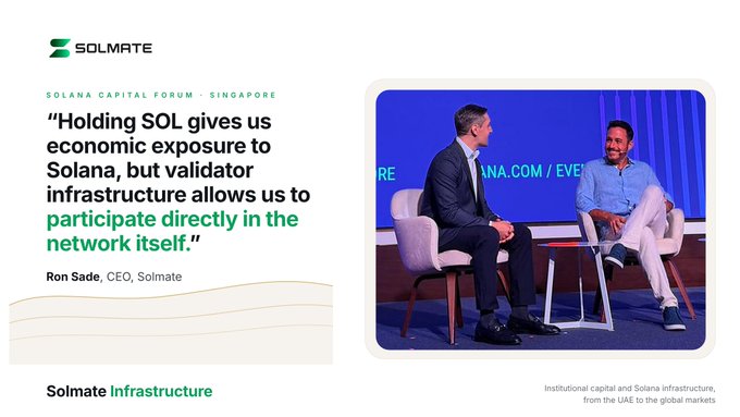 A promotional graphic for Solmate features a quote from CEO Ron Sade at the Solana Capital Forum Singapore about SOL giving economic exposure to Solana via validator infrastructure.