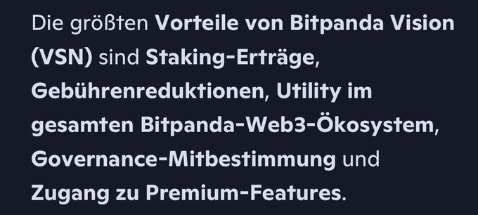 German text on a dark background explaining the biggest advantages of Bitpanda Vision (VSN), including staking yields, fee reductions, utility in the Bitpanda Web3 ecosystem, governance participation, and access to premium features.