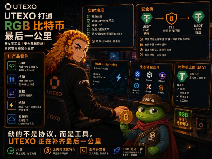 A Chinese-language promotional graphic for UTEXO titled 'UTEXO 打通 RGB 比特币最后一公里' (UTEXO completes the last mile for RGB on Bitcoin), featuring anime-style characters and detailing product suite features including SDK, bridging, settlement, and cloud services, alongside partners like Tether, Xverse, and Bitlayer.