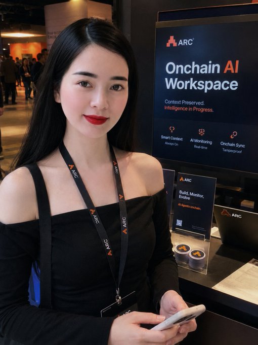 A woman with long dark hair wearing a black top and an 'ARC' lanyard stands at a tech event booth advertising the 'Onchain AI Workspace' product, holding a smartphone.