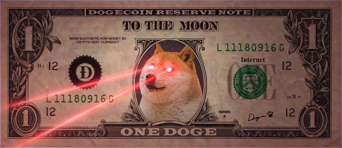 A stylized Dogecoin reserve note featuring the Doge meme with glowing red laser eyes, labeled 'TO THE MOON' and 'ONE DOGE' with the serial number L 11180916 G.