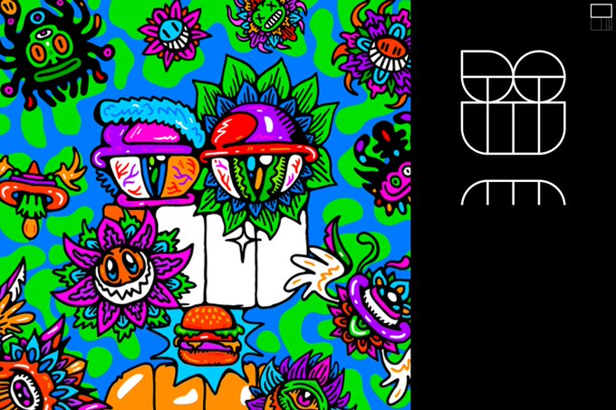 Colorful psychedelic artwork featuring cartoon characters, mushrooms, and a central white letter 'M', with a geometric 'M' logo on a black panel to the right.