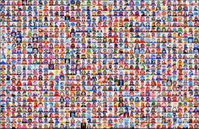 A large grid containing hundreds of small, colorful parody character avatars arranged in rows and columns.