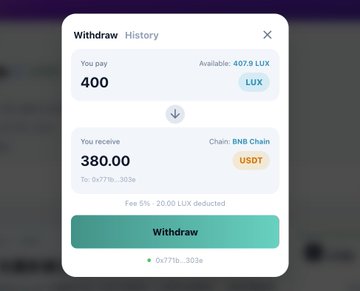 A withdrawal interface screen showing 'You pay 400 LUX' and 'You receive 380.00 USDT' on the BNB Chain, with a 'Withdraw' button, a 5% fee note, and an estimated arrival time of '0x771b...303a'.