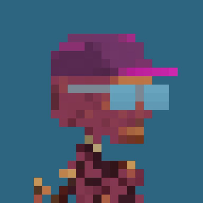 A pixel art illustration depicting a side-profile character with purple hair, blue visor-like sunglasses, and maroon clothing against a solid blue background.