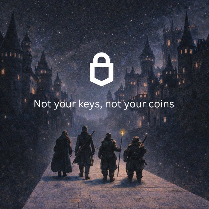 A fantasy illustration of figures walking toward a castle with a padlock icon and text reading 'Not your keys, not your coins'.