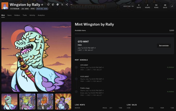 A webpage for the 'Mint Winston by Rally' NFT collection showing minting details, a countdown timer, and artwork of a cartoon dragon-like creature with a samurai sword.