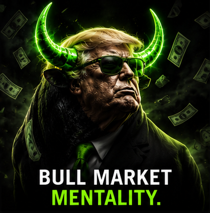 A digitally rendered portrait of Donald Trump depicted as a bullish figure with glowing green horns and sunglasses, surrounded by floating dollar bills against a dark background. Bold text at the bottom reads "BULL MARKET MENTALITY," tying into the post's theme of aggressive market momentum with the contract address CA: B7VM2osvDkXupTqR4GwHQcnn62496tJd9i5g1THBpump displayed alongside.