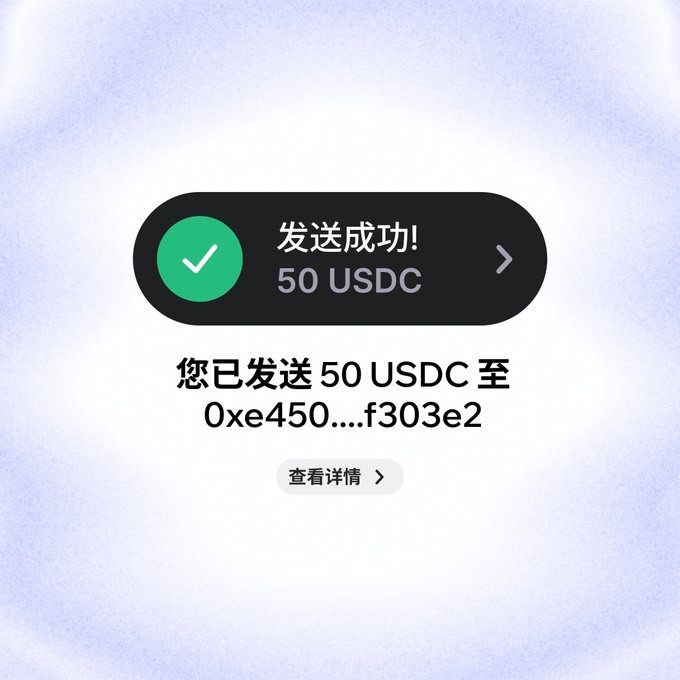 A confirmation screen showing a successful transaction of 50 USDC sent to wallet address 0xe450....f303e2, with a "View Details" (查看详情) button, promoting Trust Wallet's new homepage design and user experience.