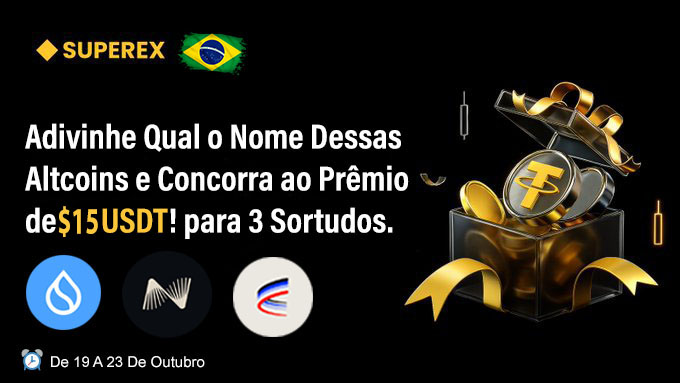 A promotional banner for 'SUPEREX' featuring a Brazilian flag, advertising a contest in Portuguese: 'Adivinhe Qual o Nome Dessas Altcoins e Concorra ao Prêmio de $15 USDT! para 3 Sortudos,' running from October 19 to 23, with Sui, Algorand, and a third altcoin logo.