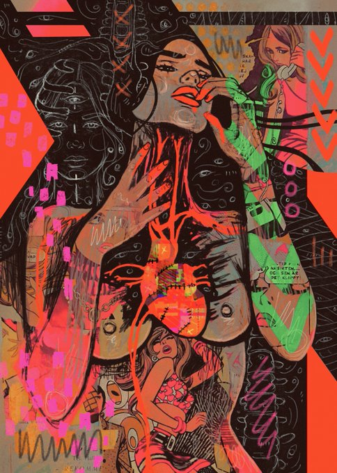 A vibrant, colorful street-art style illustration featuring multiple stylized figures, abstract faces, and bold red and green patterns.