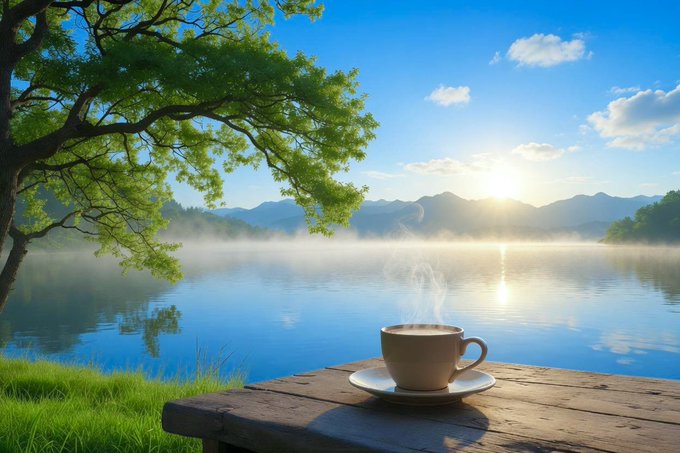 A serene landscape illustration of a steaming coffee cup on a wooden table beside a misty lake with mountains, a tree, and sunrise in the background.