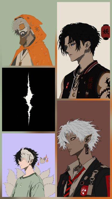 A collage of anime-style character illustrations featuring various figures with different hair colors (black, white), including one in an orange hoodie with a mask and another in a black outfit with a red Chinese character emblem.