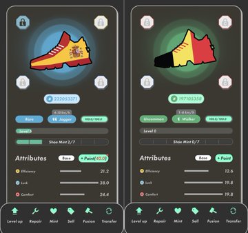 Two digital sneaker NFT cards displayed side by side: the left shows a 'FOOTASYLUM' Common Jumper shoe with attributes (Efficiency 27.2, Luck 38.0, Comfort 24.4) and the right shows an 'INTERSPORT' Uncommon Worker shoe with attributes (Efficiency 12.6, Luck 19.8, Comfort 19.8).
