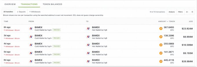 A blockchain transaction overview showing multiple large Bitcoin transfers between BitMEX cold and hot wallets, with amounts ranging from 138 to 445 BTC.