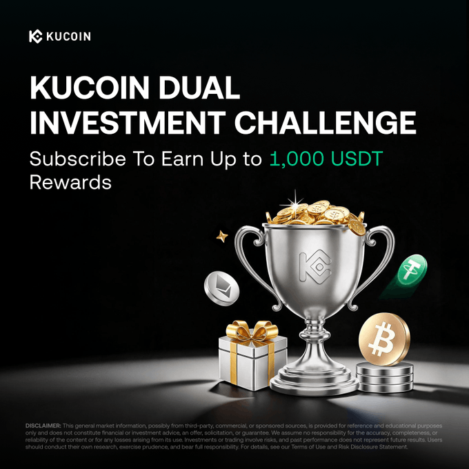 A promotional banner for the KuCoin Dual Investment Challenge featuring a silver trophy overflowing with gold coins, surrounded by Bitcoin and Ethereum tokens, alongside a gift box. The dark-themed ad displays the offer "Subscribe To Earn Up to 1,000 USDT Rewards" and complements the campaign announcement about new user, advanced subscription, and ranking rewards running from July 13–26.