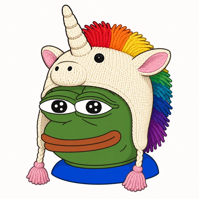 A cartoon illustration of the Pepe the Frog meme wearing a knitted unicorn hat with a rainbow mane and pink tassels.