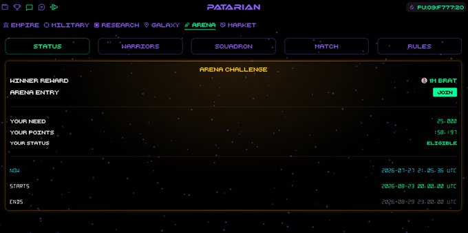A space-themed game interface for 'PATARIAN' showing an ARENA tab with details including 19 BRAT winner reward, 3001 arena entry, and 158,191 player points.