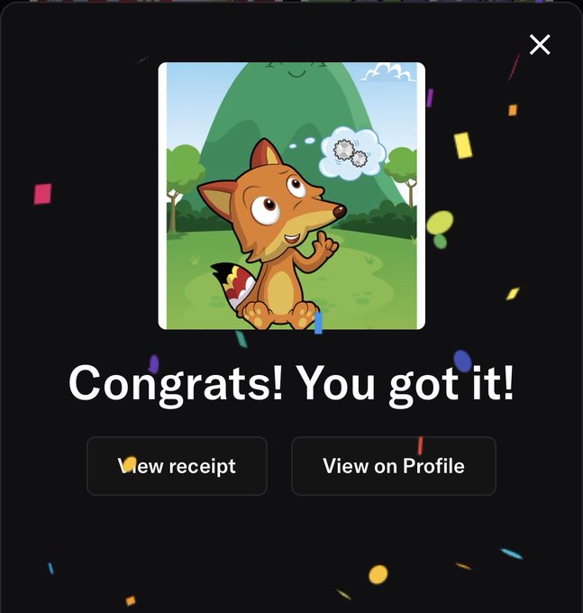 The image shows an app screen with a cartoon fox sitting on top of a green mountain, surrounded by confetti. The fox appears to be thinking or pondering something. Below the fox, there are two buttons labeled "View Profile" and "Receipt". These buttons provide options for viewing the user's profile information and receiving a receipt for their purchase.