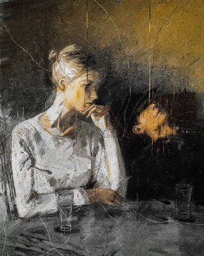 A dark, moody painting of an elderly woman in a white headscarf sitting at a table beside a young man in a dimly lit room.