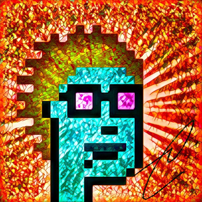 The image features a digital art piece that depicts an anthropomorphic character with blue hair, wearing glasses and a crown. The character appears to be made of small tiles or glass pieces, giving it a unique and artistic appearance. The background of the artwork is orange, which adds a warm and vibrant touch to the overall composition. The post about this artwork reads: "GN fam #MixedMedia #DerivativeArt #CryptoPunks".