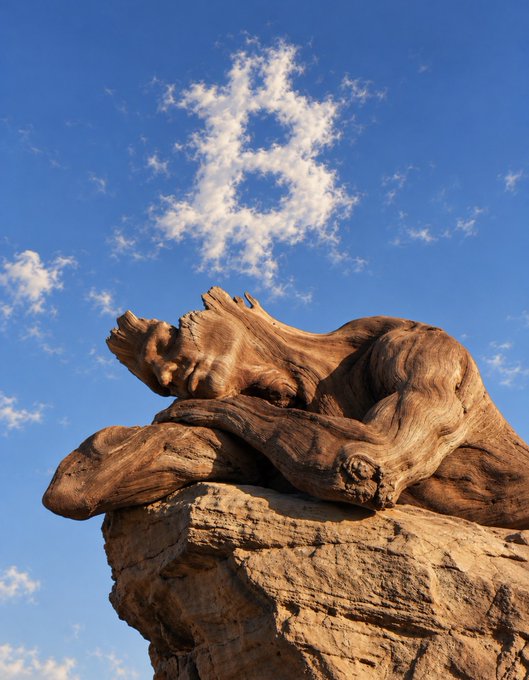 A wooden sculpture of a reclining figure resting on a rocky base, set against a blue sky with scattered clouds.