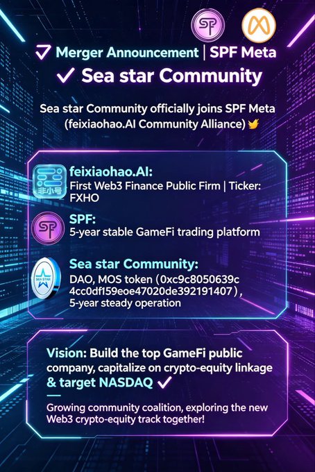 A merger announcement graphic showing 'Sea star Community' joining 'SPF Meta (feixiaohao.AI Community Alliance)', listing feixiaohao.AI as the first Web3 Finance Public Firm (Ticker: FXHO) and SPF as a 5-year stable GameFi trading platform.