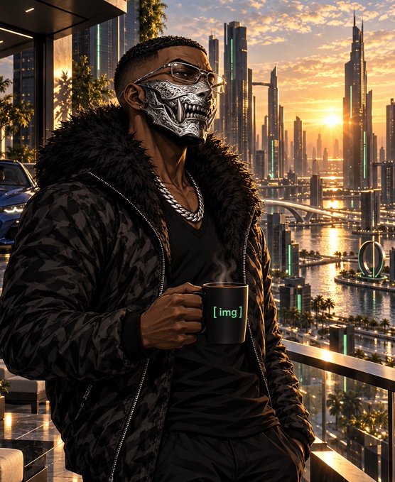 A stylized illustration depicts a man wearing a metallic skull mask, glasses, and a fur-lined jacket holding a coffee cup labeled '[img]', set against a futuristic sunset skyline.