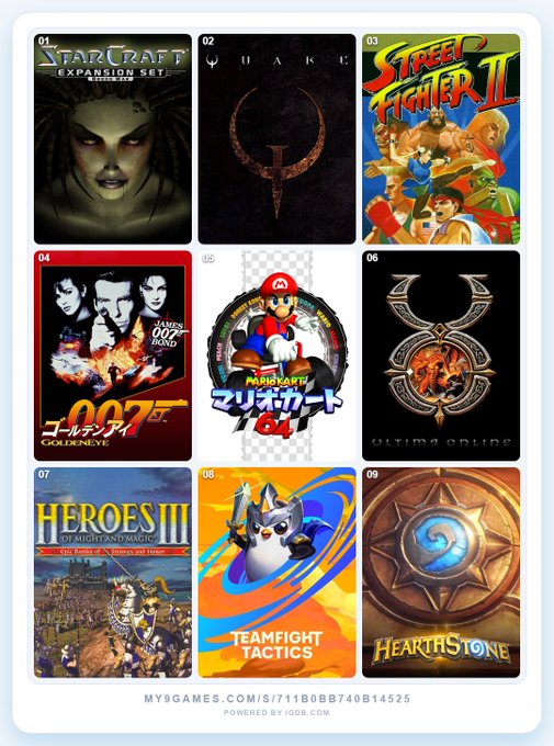 A grid displaying nine classic and modern video game covers, including StarCraft, Quake, Street Fighter II, GoldenEye 007, Mario Kart 64, Ultima Online, Heroes III, Teamfight Tactics, and Hearthstone, with the URL 'MYBGAMES.COM/S/711B0BB740B14525' at the bottom.